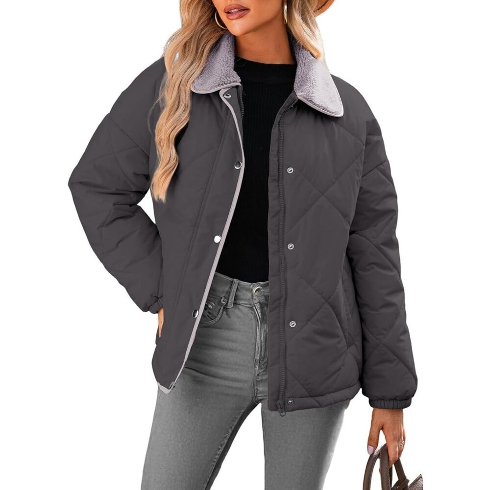 Women's Puffer Jackets Carbon Gray Coats Long Sleeve Winter Button Outerwear